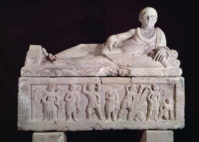 Sarcophagus of the magistrate Laris Pulena with a scroll unrolled before him, late 3rd century BC by Etruscan